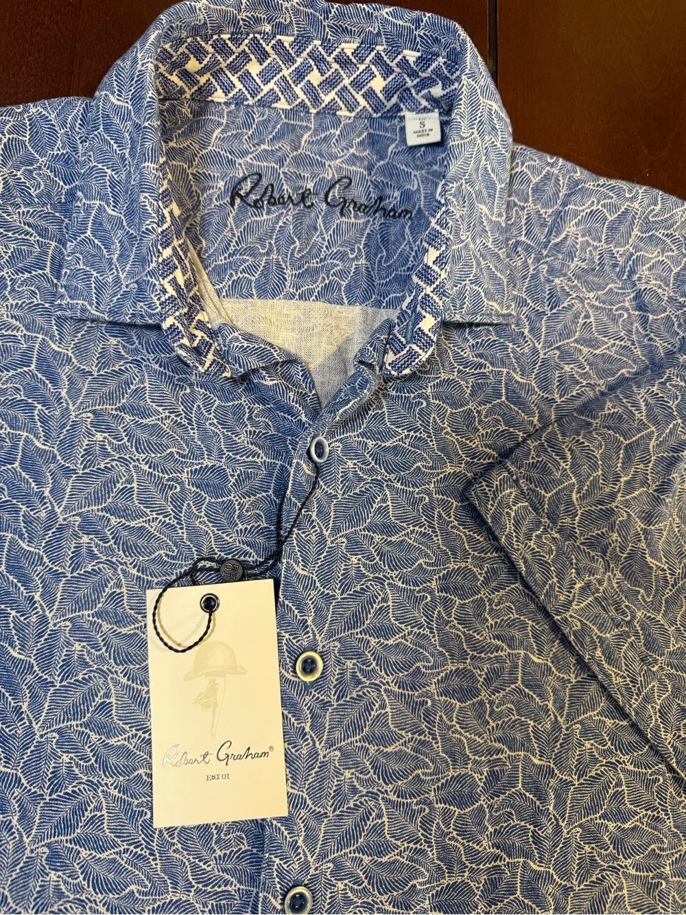 Robert Graham Vinaco Linen Short Sleeve Button Down Shirt Blue Geometric Mens S
